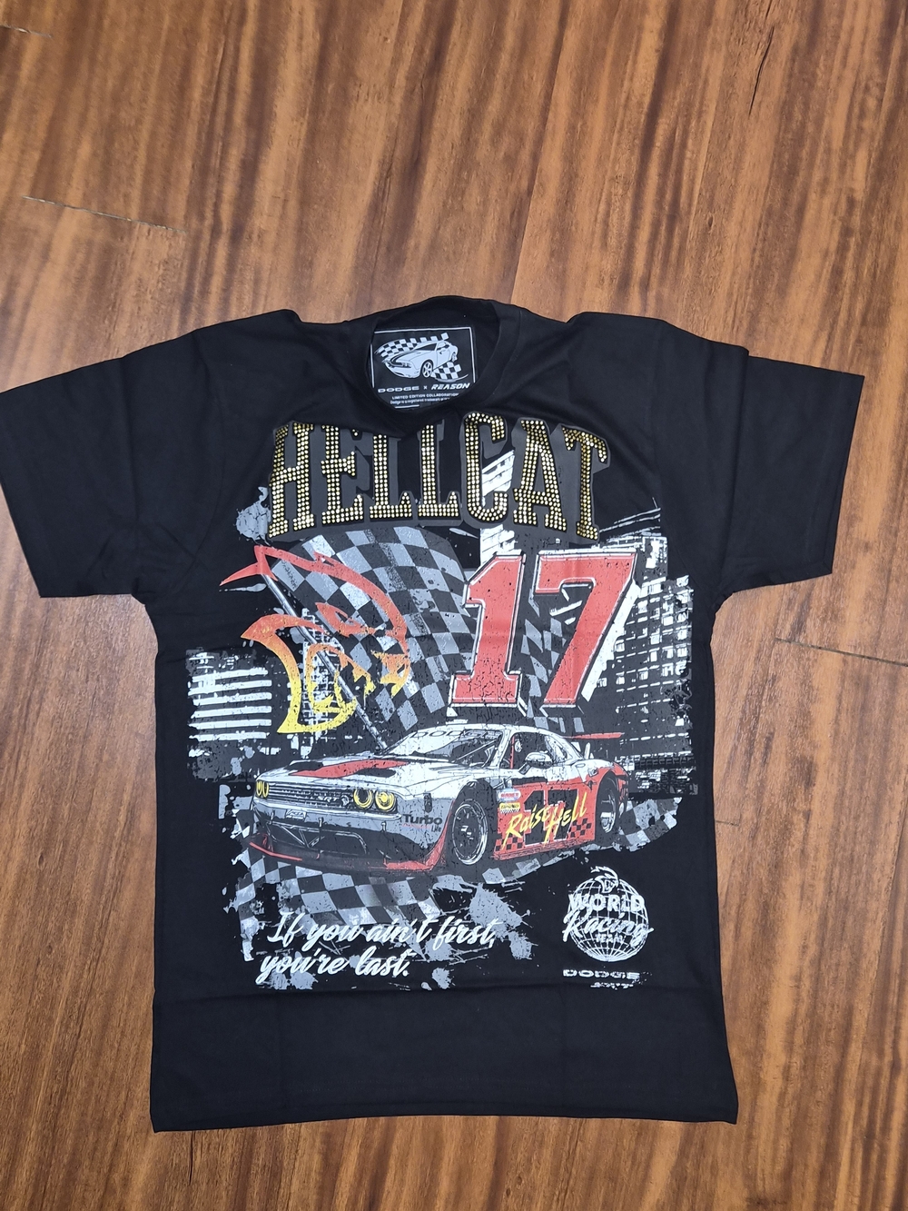 Black Hellcat Graphic Racing Tee with Red Accents